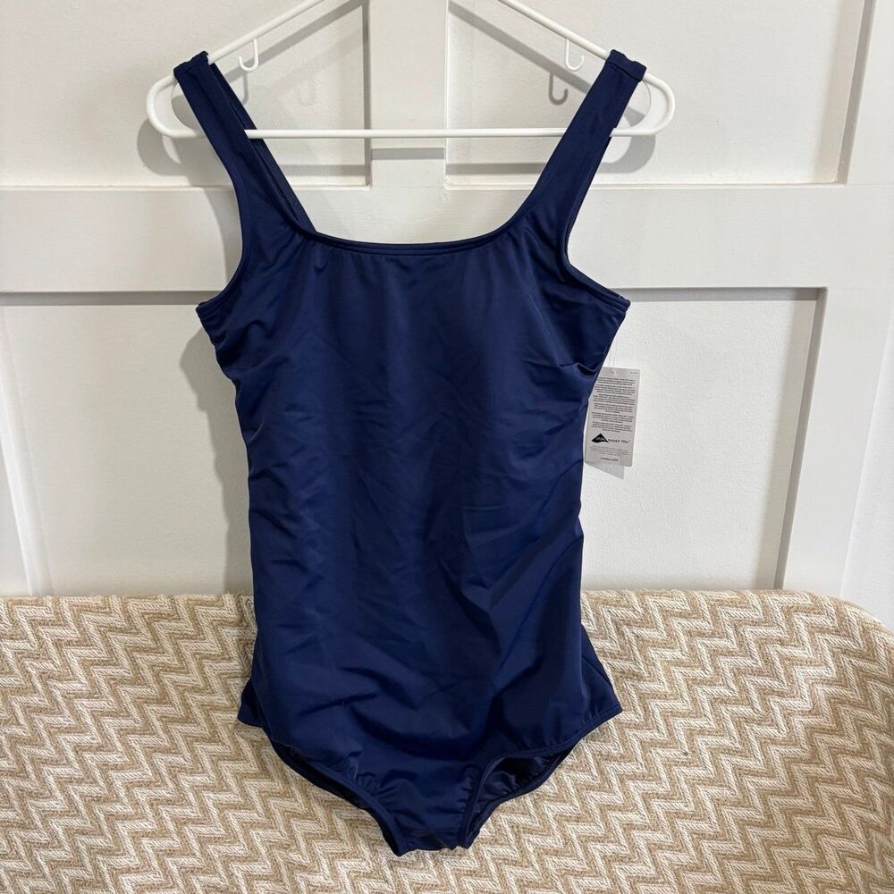 Lands’ End Women's Tugless Low Leg One Piece Swimsuit Navy Blue Size 10 Long NWT